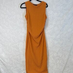 See You Monday Mustard Orange Textured Midi Dress